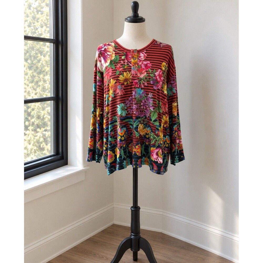 Johnny Was Long Sleeve Henley Top Size Large Bamboo Floral & Stripes Boho Artsy